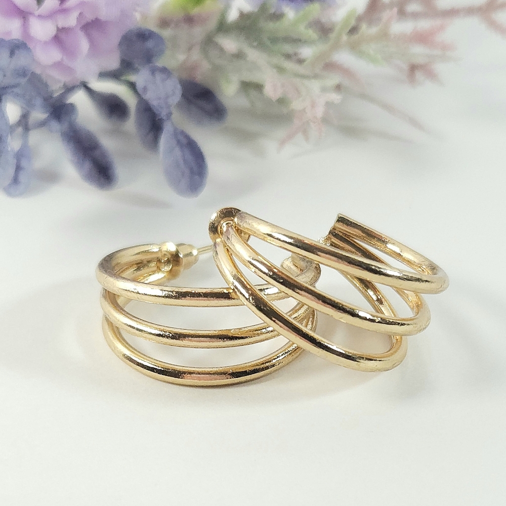 Gold Tone Triple Hoop Earrings Trendy Modern Wide Hoop Earrings